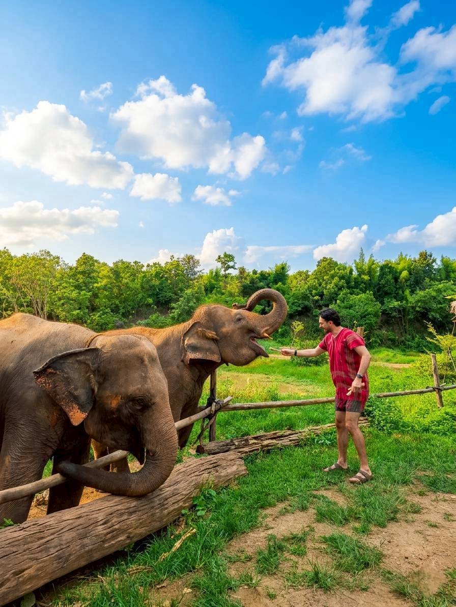 Visitor feeding elephants over a wooden fence at the sanctuary