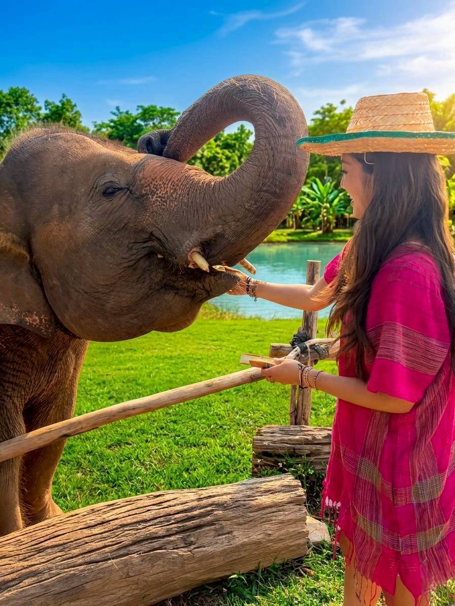 Woman feeding a happy elephant at an ethical elephant sanctuary near Chiang Mai