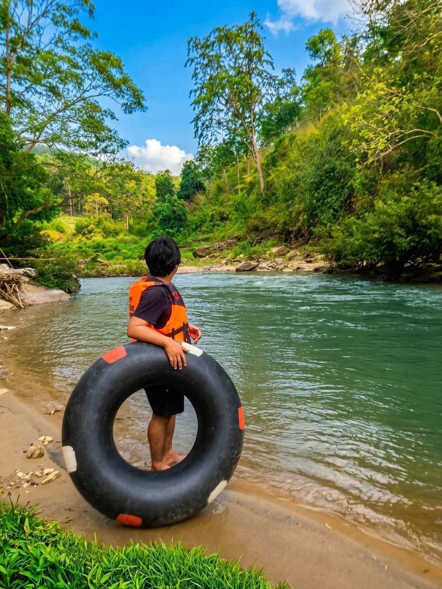 Tourist holding a rubber tube on the bank of the Samoeng River before jungle tubing